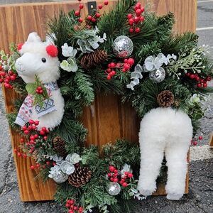 Festive Llama Holiday Wreath with Red Berries